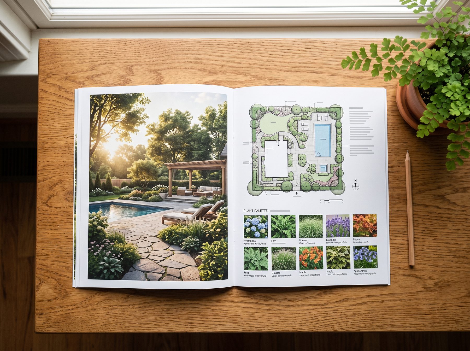 An open Design Vision Book: golden-hour rendering, site plan, and plant palette