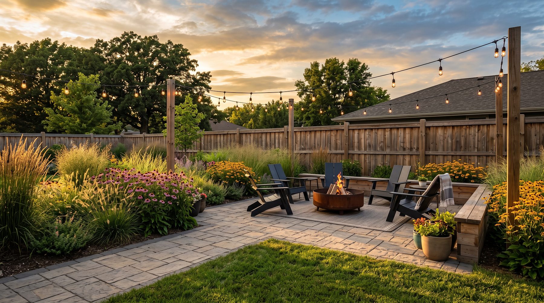 A backyard reimagined by Fern — prairie-native design at golden hour